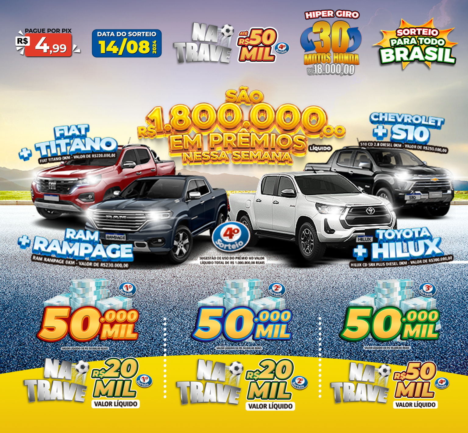 Hipercap Brasil sorteará R$ 1.800.000,00 em prêmios, incluindo 4 camionetes de luxo, no dia 14/08/2024. Confira como participar e concorrer!